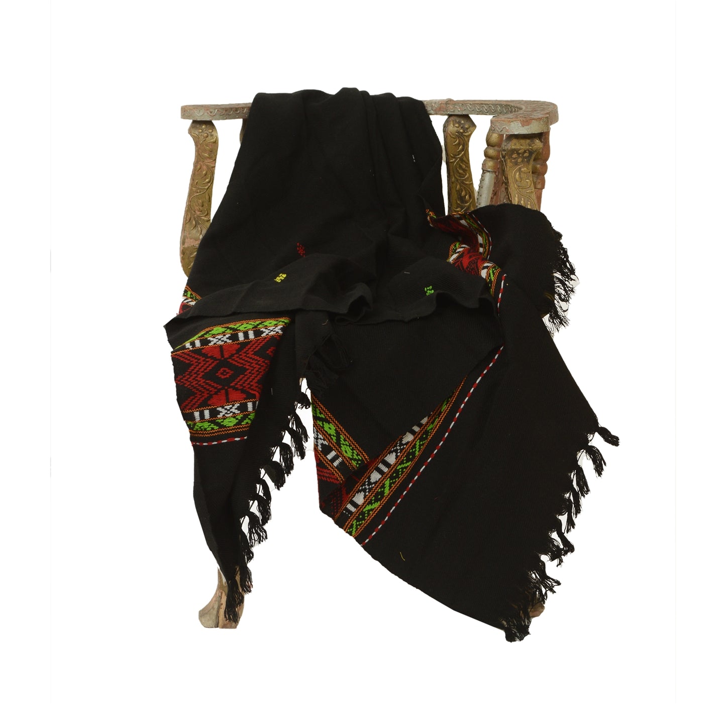 Sanskriti Vintage Black Woolen Hand Embroidered Kullu Shawl Long Throw Stole upholstery fabric