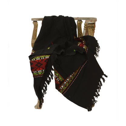 Sanskriti Vintage Black Woolen Hand Embroidered Kullu Shawl Long Throw Stole upholstery fabric