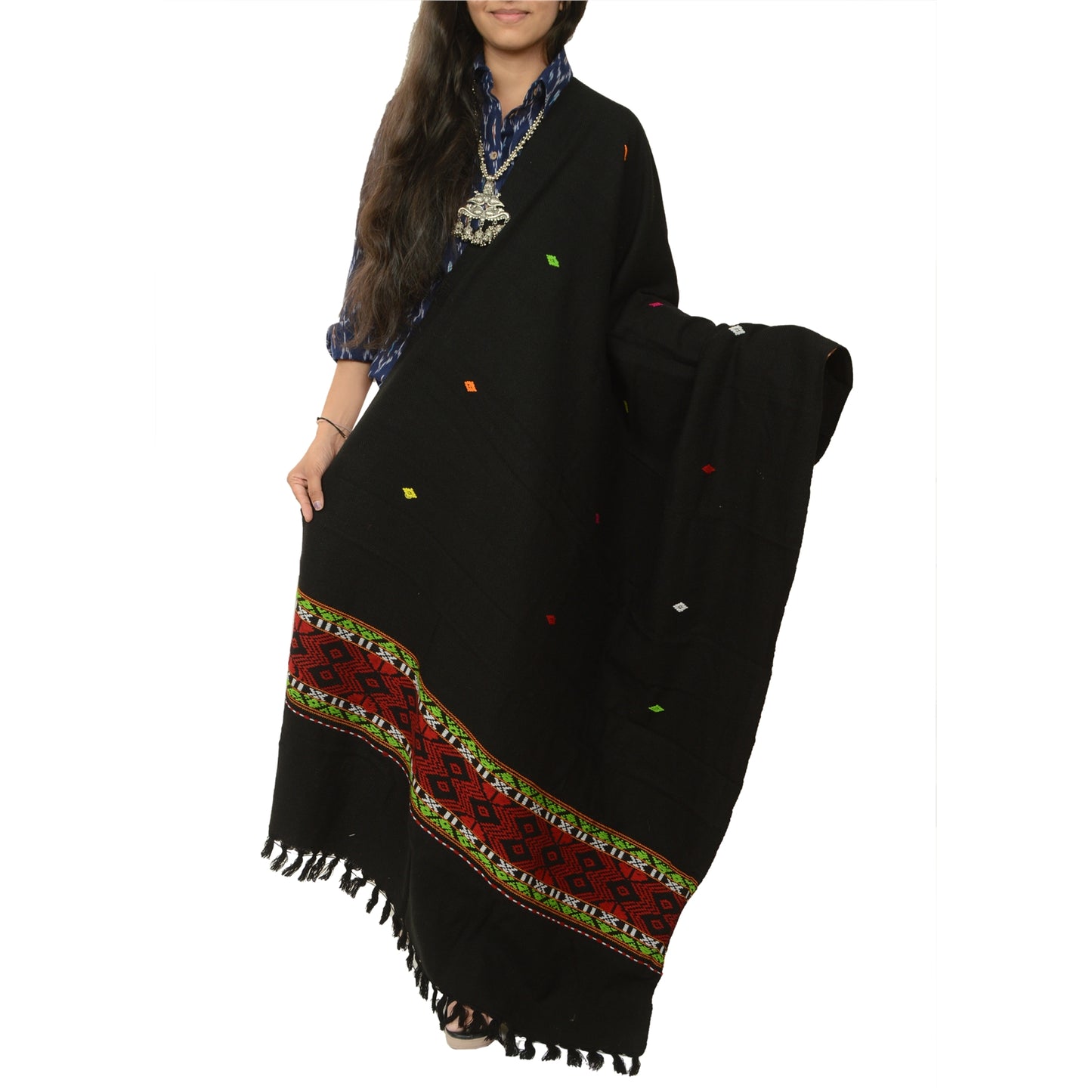 Sanskriti Vintage Black Woolen Hand Embroidered Kullu Shawl Long Throw Stole upholstery fabric