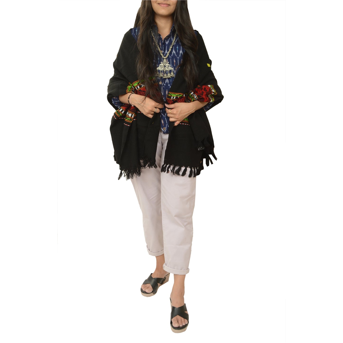 Sanskriti Vintage Black Woolen Hand Embroidered Kullu Shawl Long Throw Stole upholstery fabric