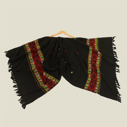 Sanskriti Vintage Black Woolen Hand Embroidered Kullu Shawl Long Throw Stole upholstery fabric