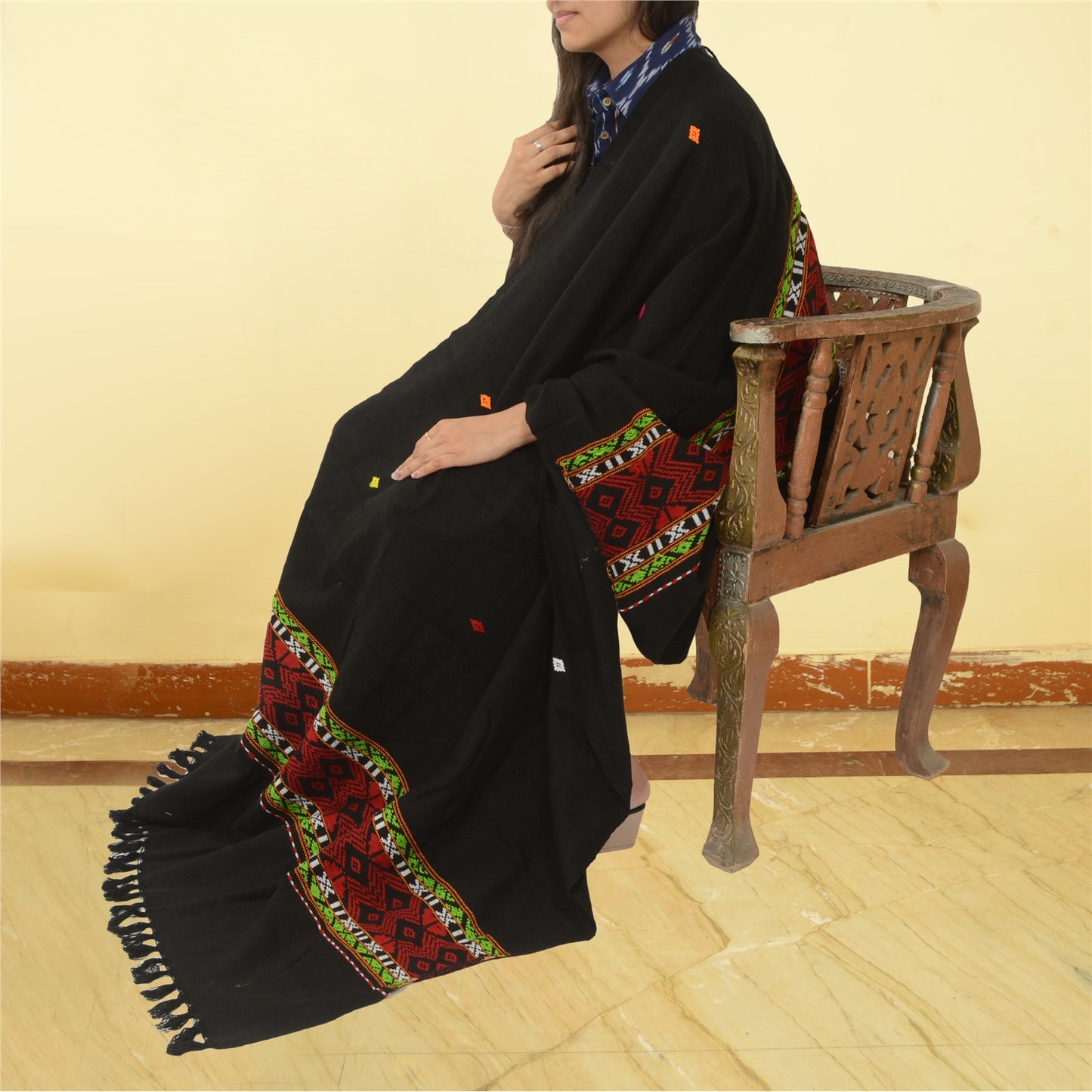 Sanskriti Vintage Black Woolen Hand Embroidered Kullu Shawl Long Throw Stole upholstery fabric