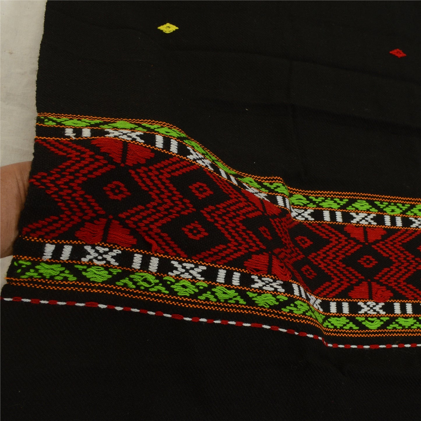 Sanskriti Vintage Black Woolen Hand Embroidered Kullu Shawl Long Throw Stole upholstery fabric
