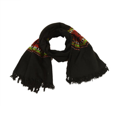 Sanskriti Vintage Black Woolen Hand Embroidered Kullu Shawl Long Throw Stole upholstery fabric