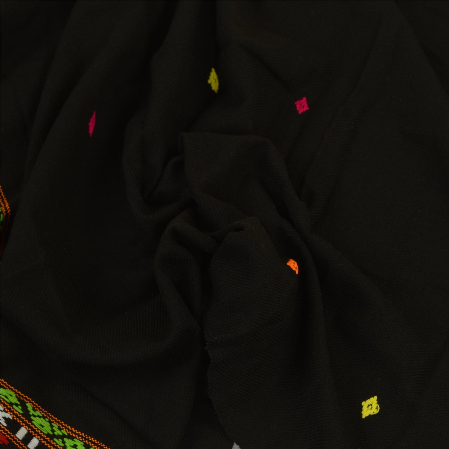 Sanskriti Vintage Black Woolen Hand Embroidered Kullu Shawl Long Throw Stole upholstery fabric