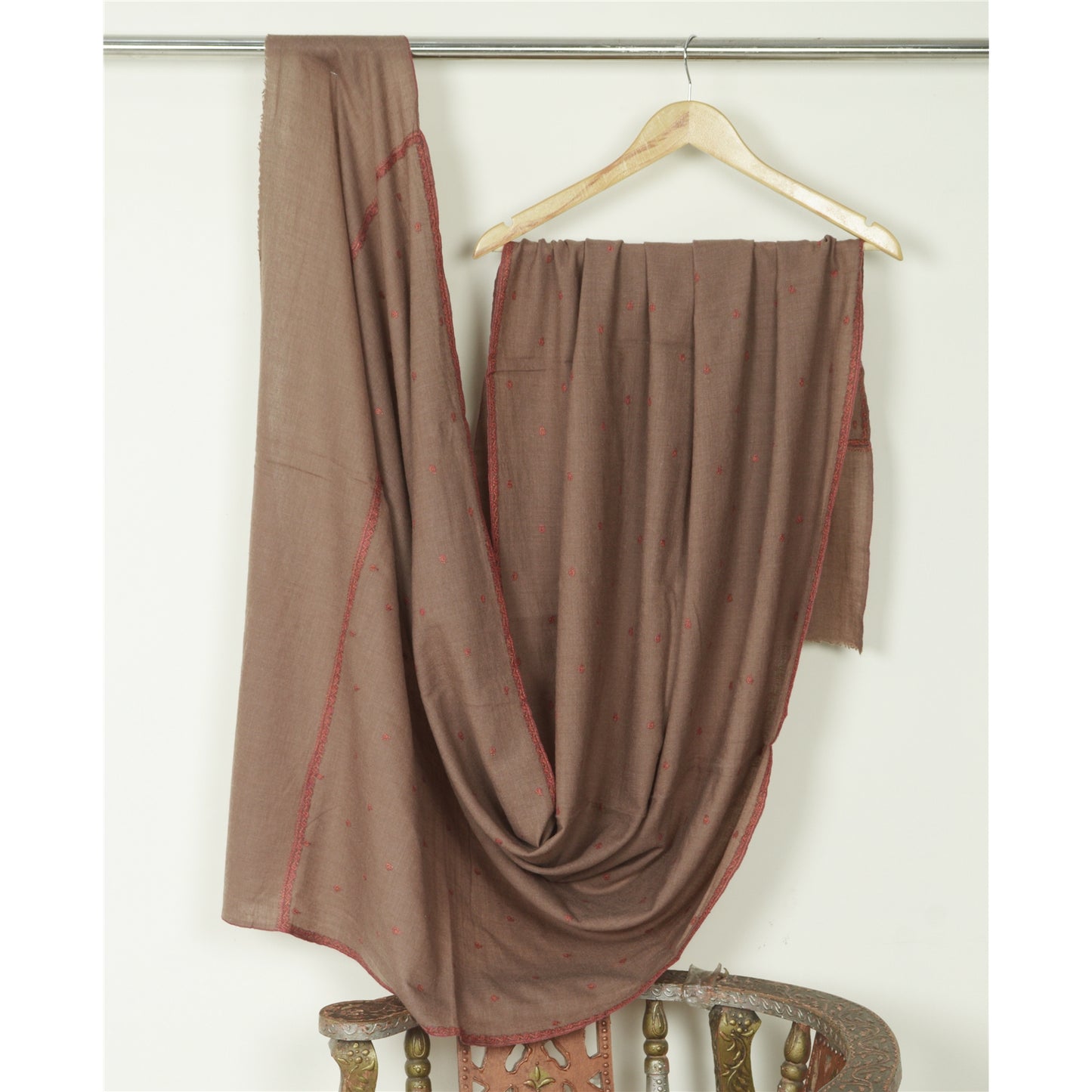 Sanskriti Vintage Long Shawl Pure Woolen Brown Handmade Suzani Scarf Stole