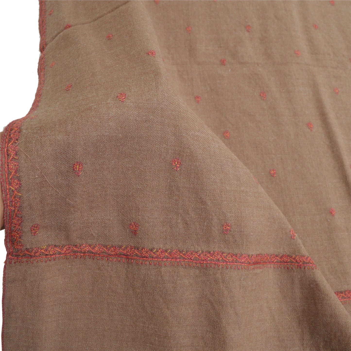 Sanskriti Vintage Long Shawl Pure Woolen Brown Handmade Suzani Scarf Stole