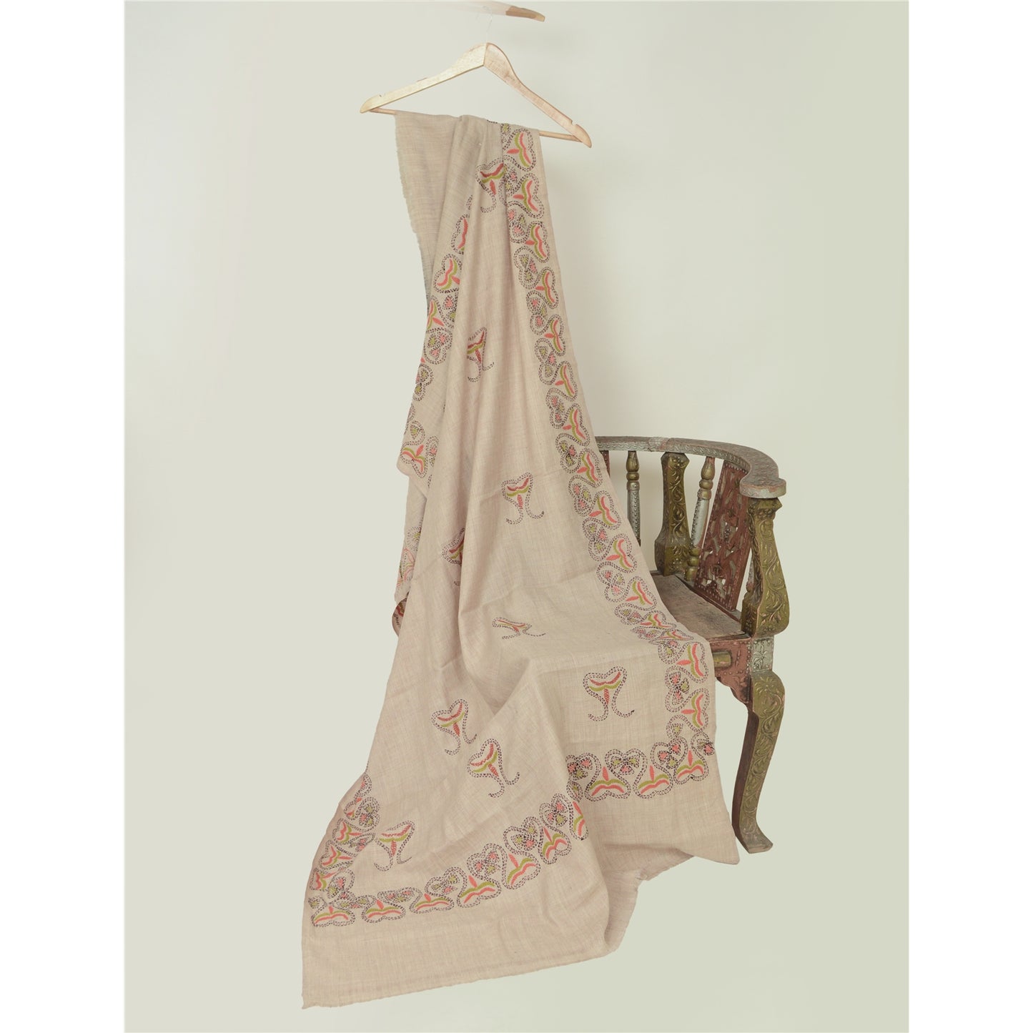 Sanskriti Vintage Ivory Pure Woollen Shawl Handmade Kantha Long Throw Stole