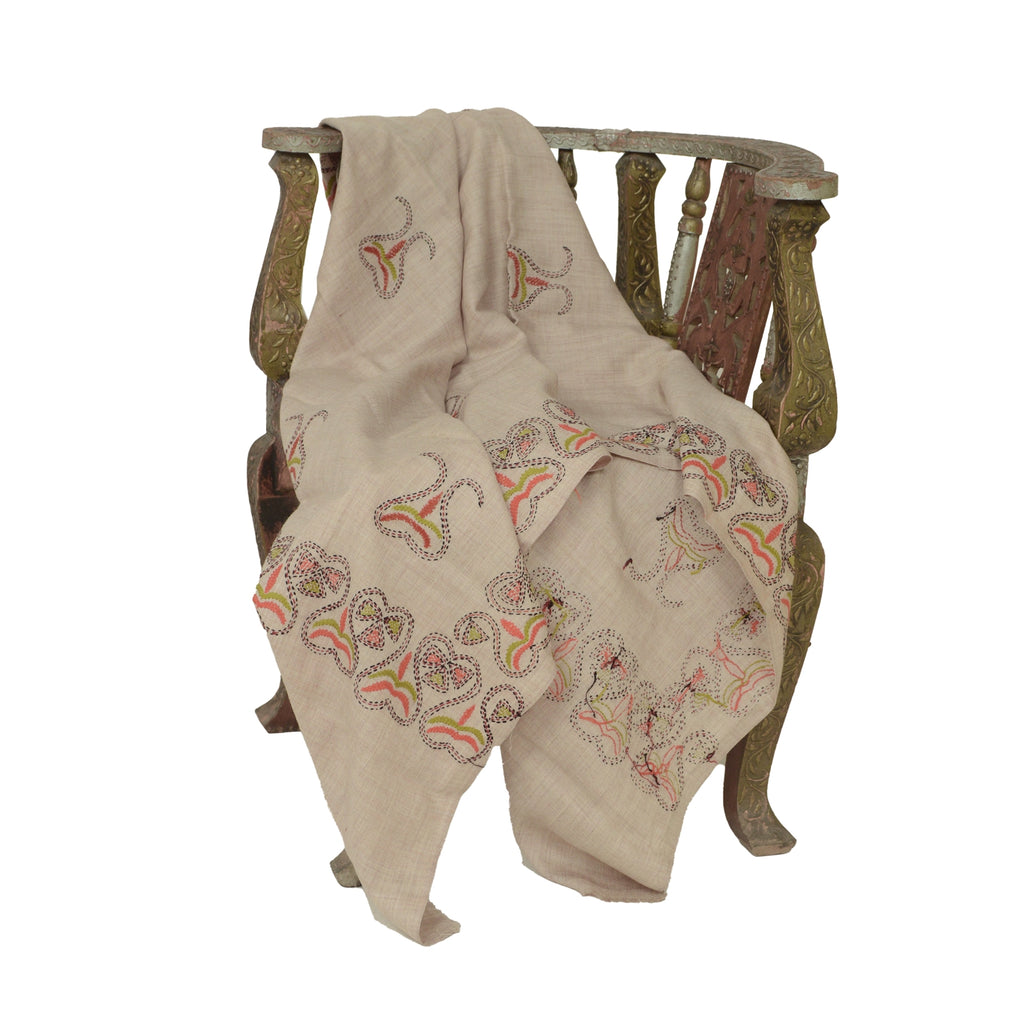 Sanskriti Vintage Ivory Pure Woollen Shawl Handmade Kantha Long Throw Stole