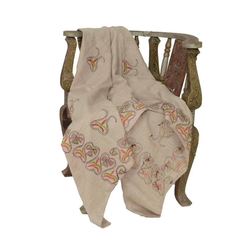 Sanskriti Vintage Ivory Pure Woollen Shawl Handmade Kantha Long Throw Stole