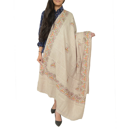 Sanskriti Vintage Ivory Pure Woollen Shawl Handmade Kantha Long Throw Stole