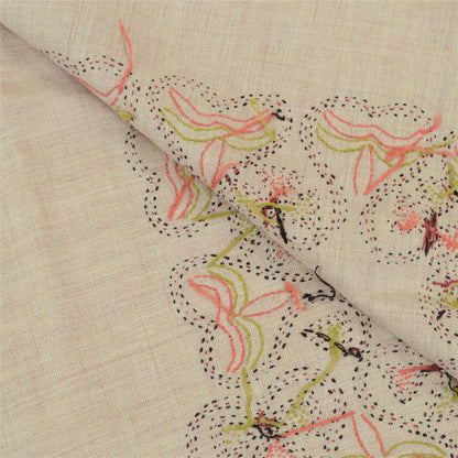 Sanskriti Vintage Ivory Pure Woollen Shawl Handmade Kantha Long Throw Stole