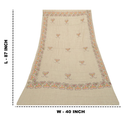 Sanskriti Vintage Ivory Pure Woollen Shawl Handmade Kantha Long Throw Stole