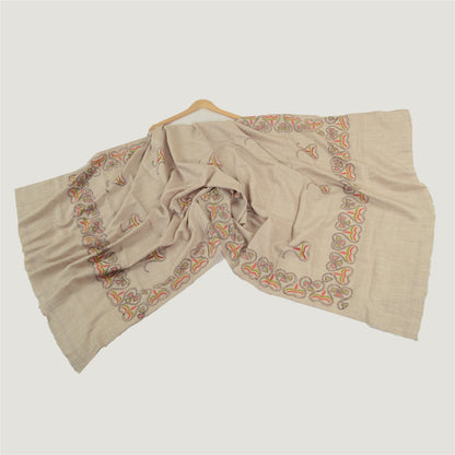 Sanskriti Vintage Ivory Pure Woollen Shawl Handmade Kantha Long Throw Stole