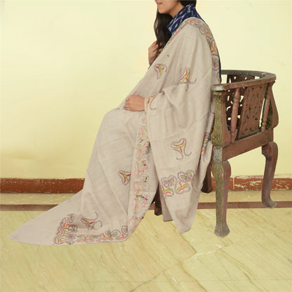 Sanskriti Vintage Ivory Pure Woollen Shawl Handmade Kantha Long Throw Stole