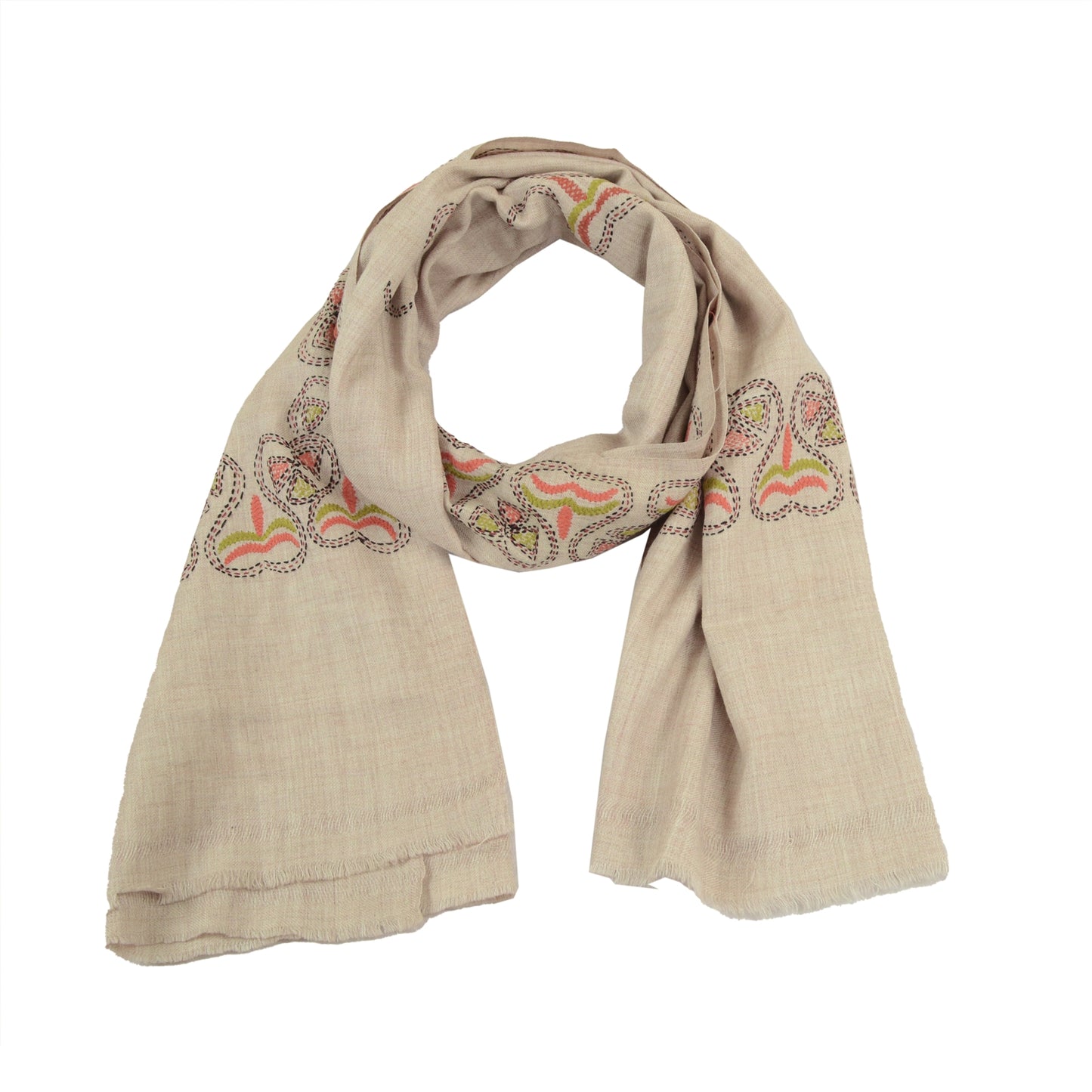 Sanskriti Vintage Ivory Pure Woollen Shawl Handmade Kantha Long Throw Stole