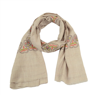 Sanskriti Vintage Ivory Pure Woollen Shawl Handmade Kantha Long Throw Stole