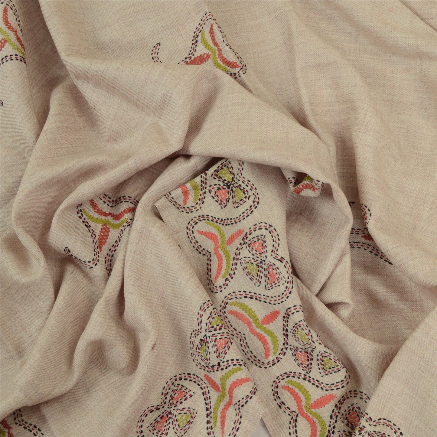 Sanskriti Vintage Ivory Pure Woollen Shawl Handmade Kantha Long Throw Stole