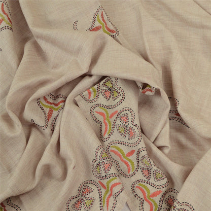 Sanskriti Vintage Ivory Pure Woollen Shawl Handmade Kantha Long Throw Stole