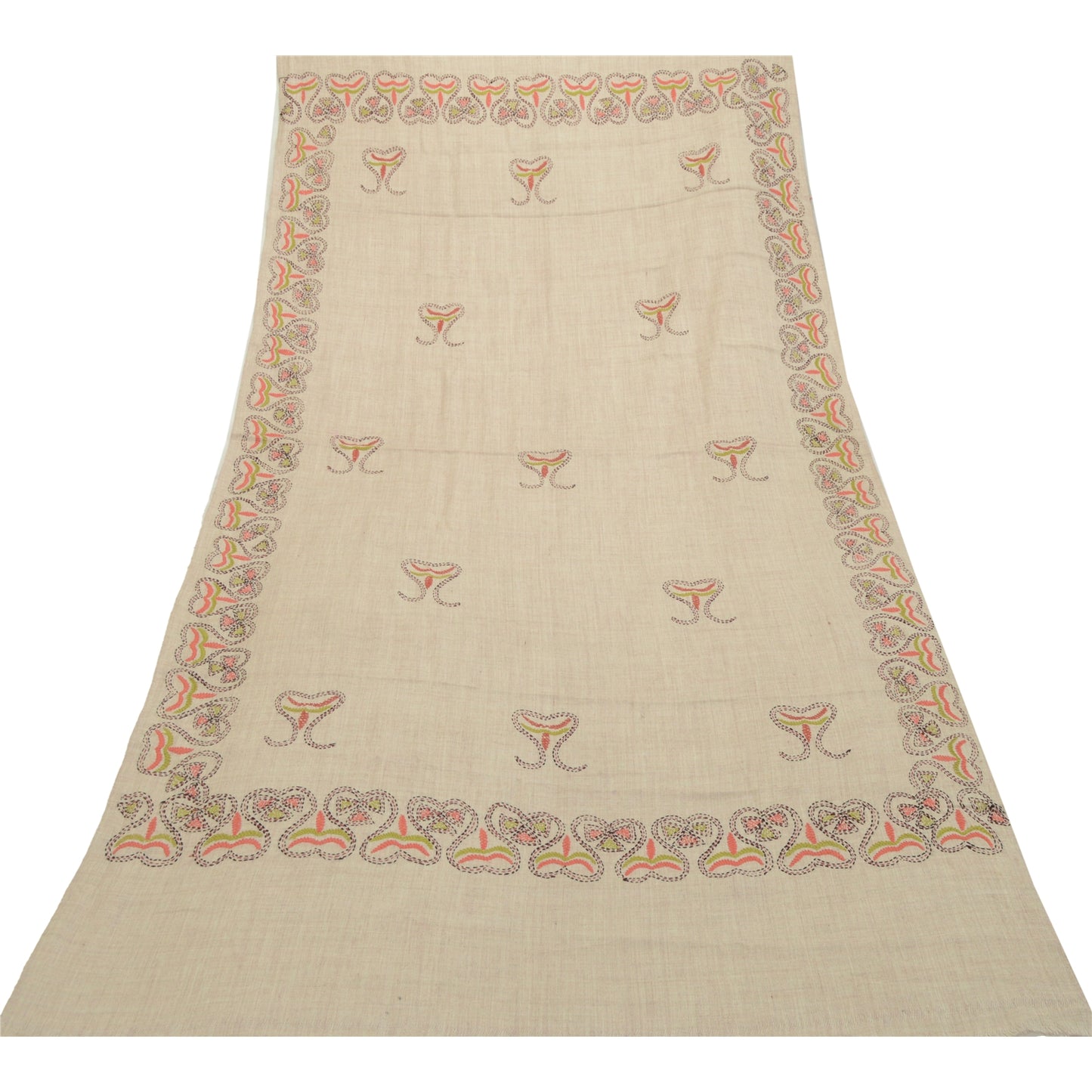 Sanskriti Vintage Ivory Pure Woollen Shawl Handmade Kantha Long Throw Stole