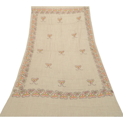 Sanskriti Vintage Ivory Pure Woollen Shawl Handmade Kantha Long Throw Stole