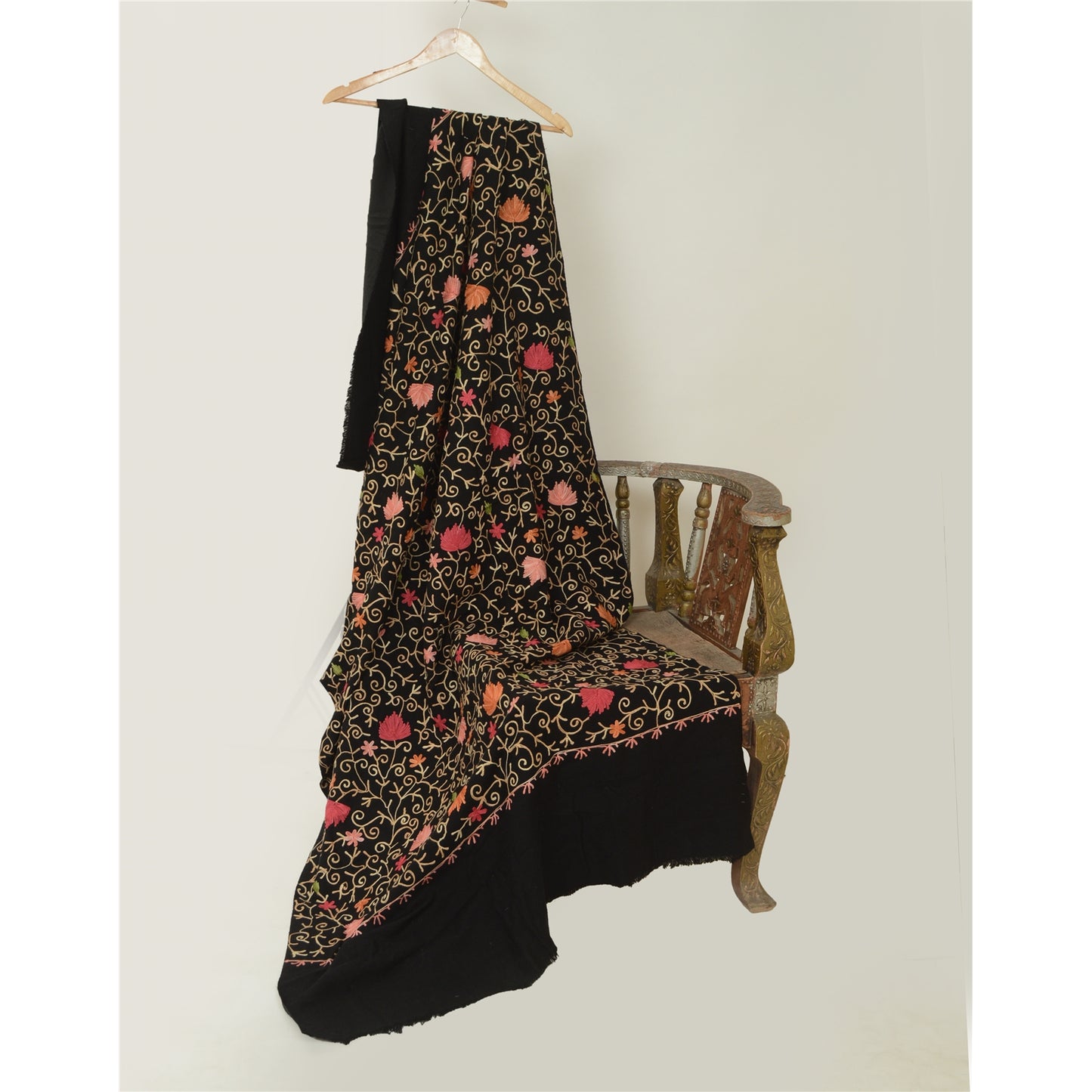 Sanskriti Vintage Long Pure Woollen Black Shawl Handmade Zari Work Scarf Stole