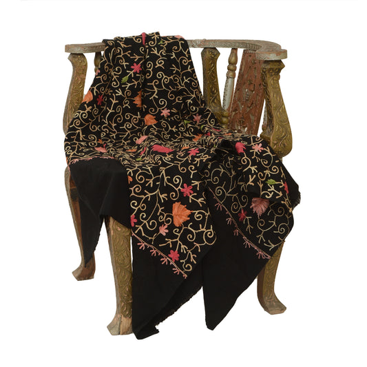Sanskriti Vintage Long Pure Woollen Black Shawl Handmade Zari Work Scarf Stole