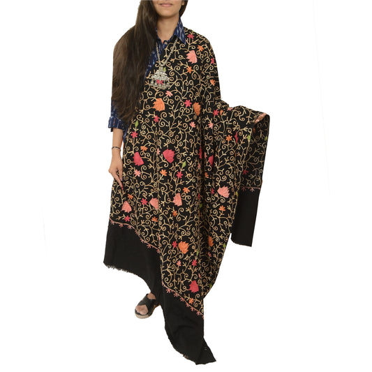 Sanskriti Vintage Long Pure Woollen Black Shawl Handmade Zari Work Scarf Stole