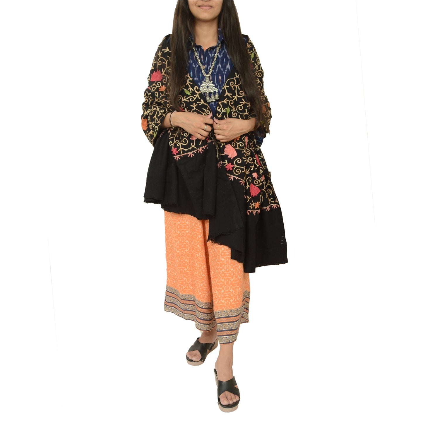 Sanskriti Vintage Long Pure Woollen Black Shawl Handmade Zari Work Scarf Stole