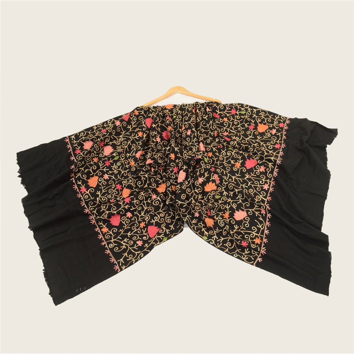 Sanskriti Vintage Long Pure Woollen Black Shawl Handmade Zari Work Scarf Stole