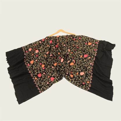 Sanskriti Vintage Long Pure Woollen Black Shawl Handmade Zari Work Scarf Stole