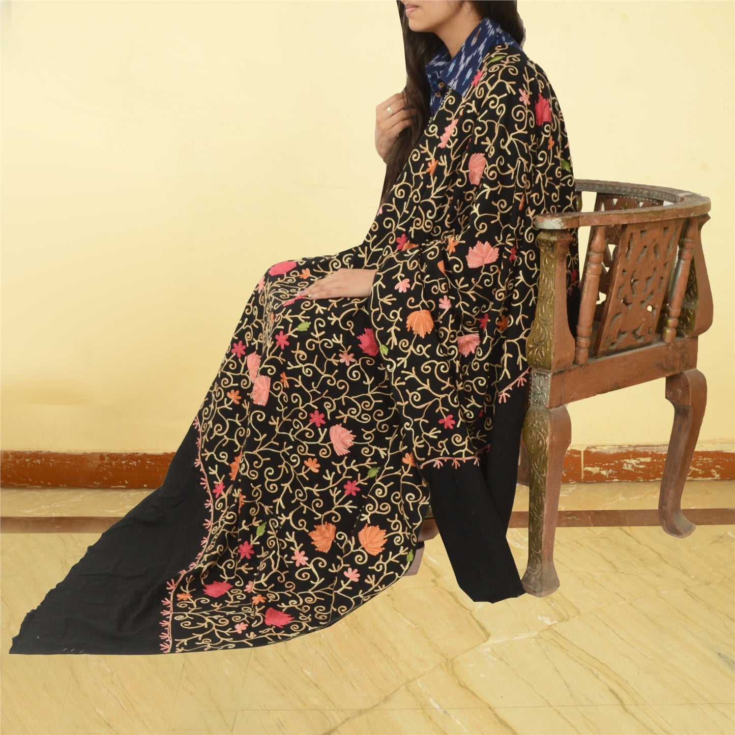 Sanskriti Vintage Long Pure Woollen Black Shawl Handmade Zari Work Scarf Stole