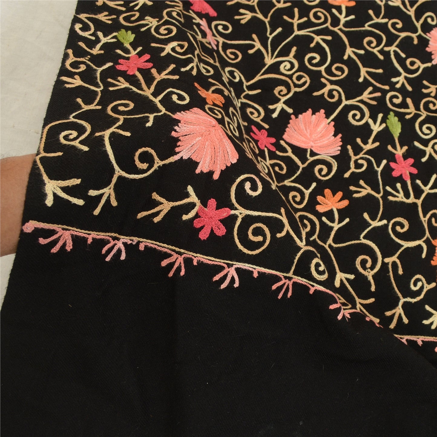 Sanskriti Vintage Long Pure Woollen Black Shawl Handmade Zari Work Scarf Stole