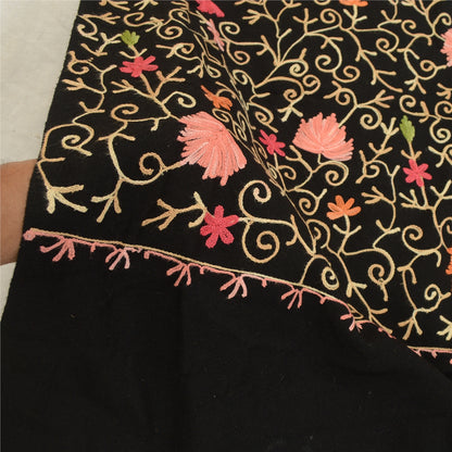 Sanskriti Vintage Long Pure Woollen Black Shawl Handmade Zari Work Scarf Stole