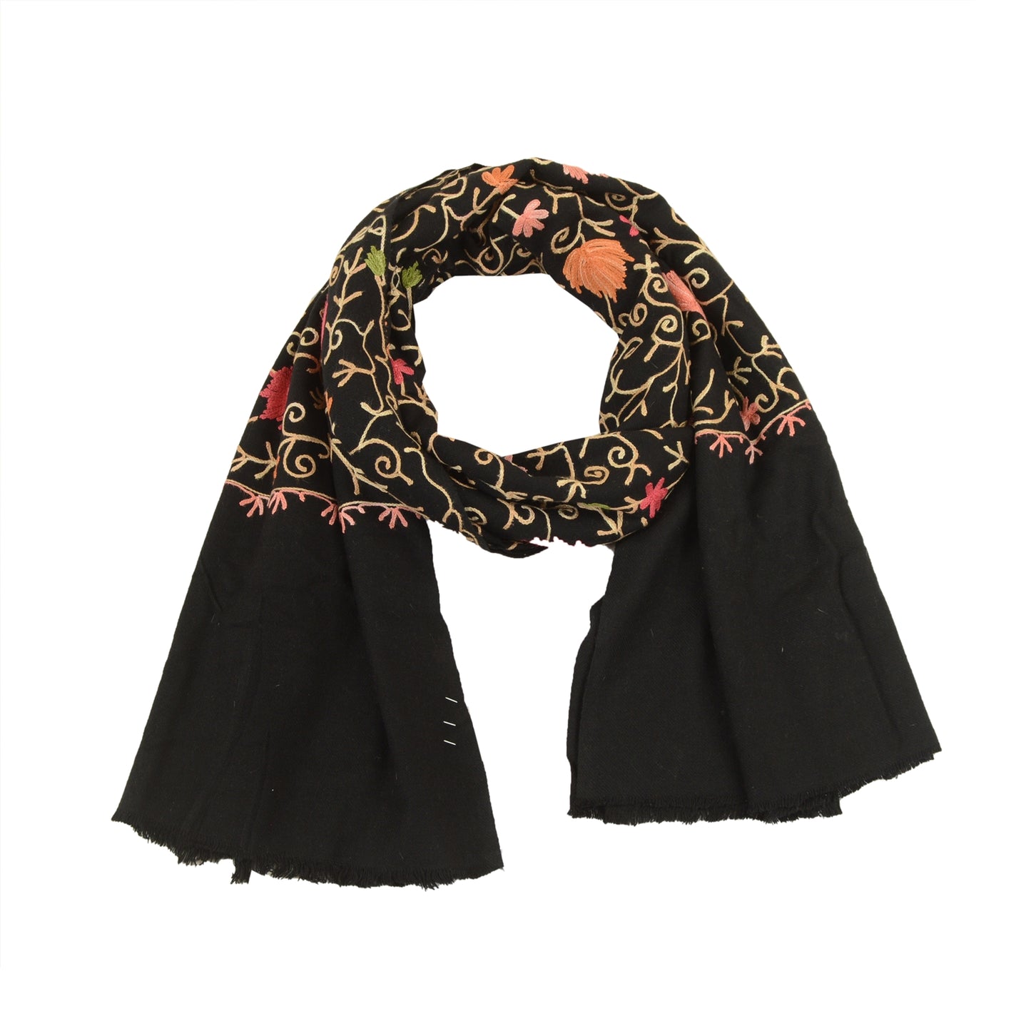 Sanskriti Vintage Long Pure Woollen Black Shawl Handmade Zari Work Scarf Stole