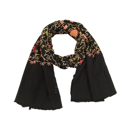 Sanskriti Vintage Long Pure Woollen Black Shawl Handmade Zari Work Scarf Stole