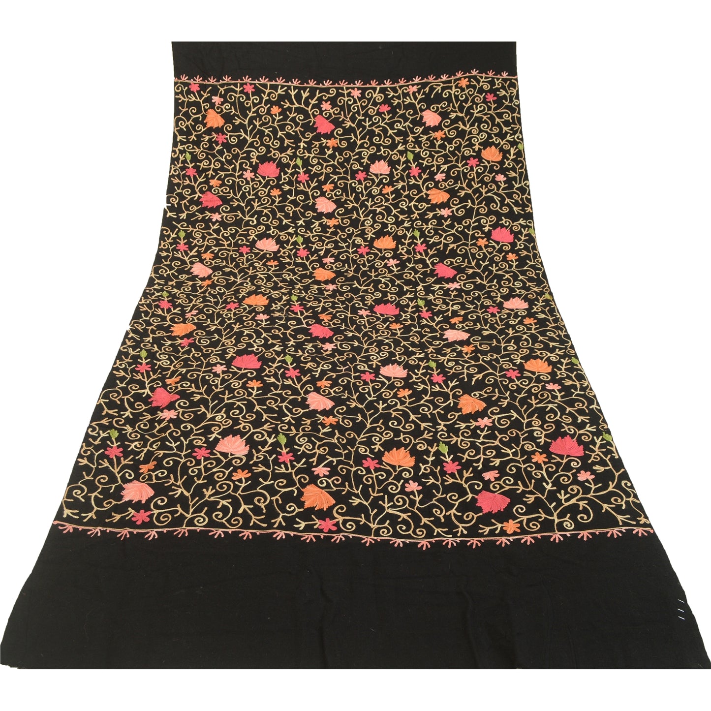 Sanskriti Vintage Long Pure Woollen Black Shawl Handmade Zari Work Scarf Stole