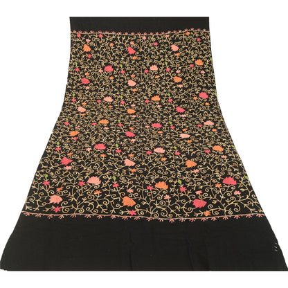 Sanskriti Vintage Long Pure Woollen Black Shawl Handmade Zari Work Scarf Stole