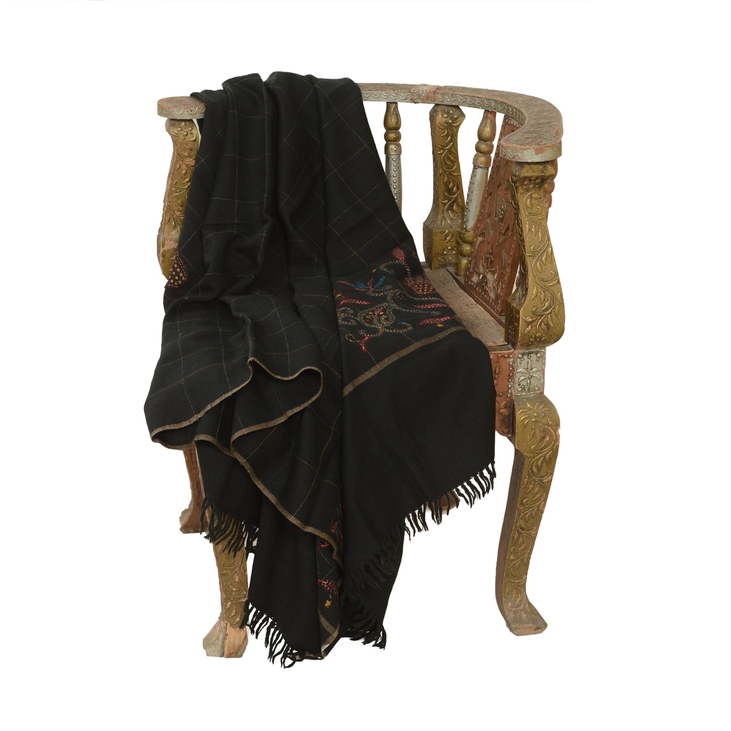Sanskriti Vintage Black Pure Woollen Shawl Handmade Kantha Long Throw Stole