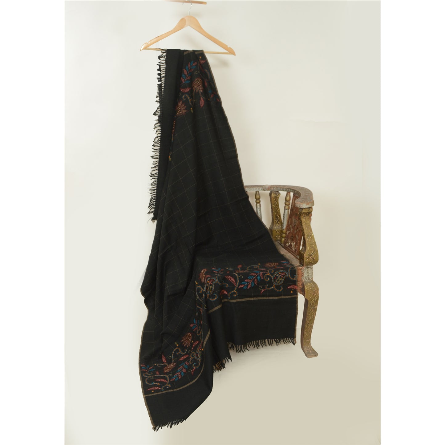 Sanskriti Vintage Black Pure Woollen Shawl Handmade Kantha Long Throw Stole