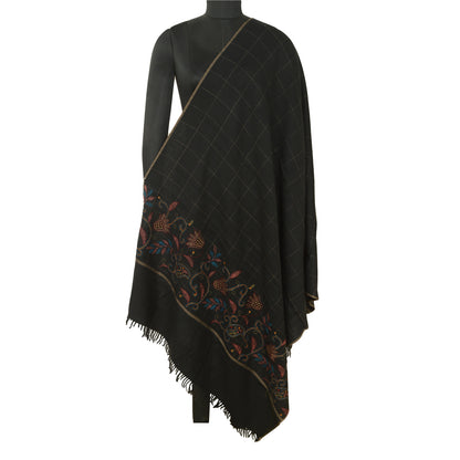 Sanskriti Vintage Black Pure Woollen Shawl Handmade Kantha Long Throw Stole