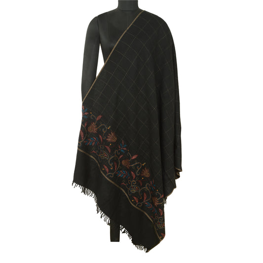 Sanskriti Vintage Black Pure Woollen Shawl Handmade Kantha Long Throw Stole