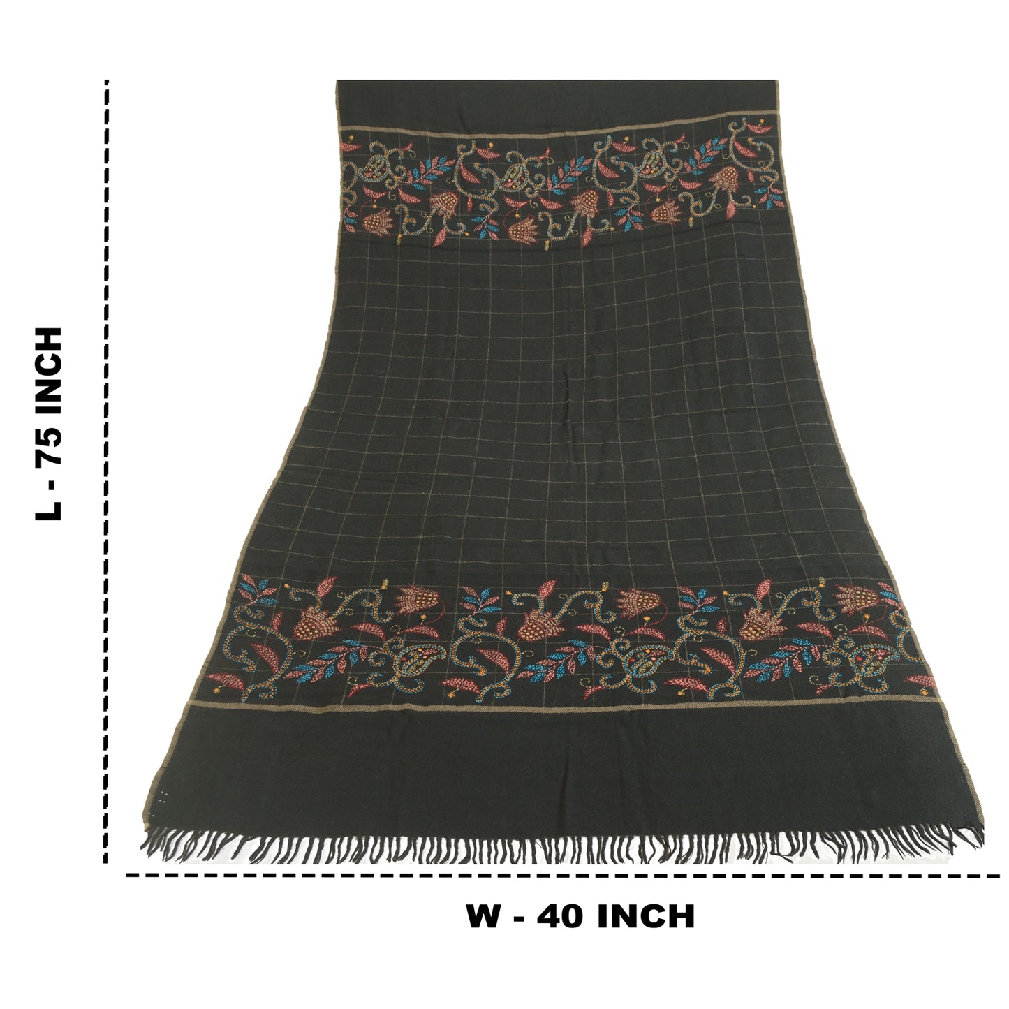 Sanskriti Vintage Black Pure Woollen Shawl Handmade Kantha Long Throw Stole