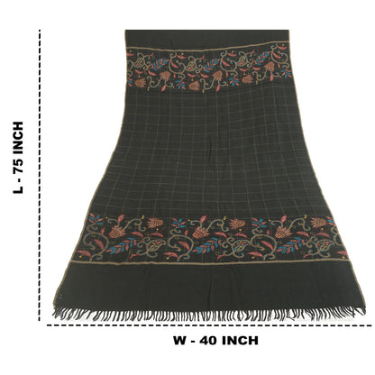 Sanskriti Vintage Black Pure Woollen Shawl Handmade Kantha Long Throw Stole