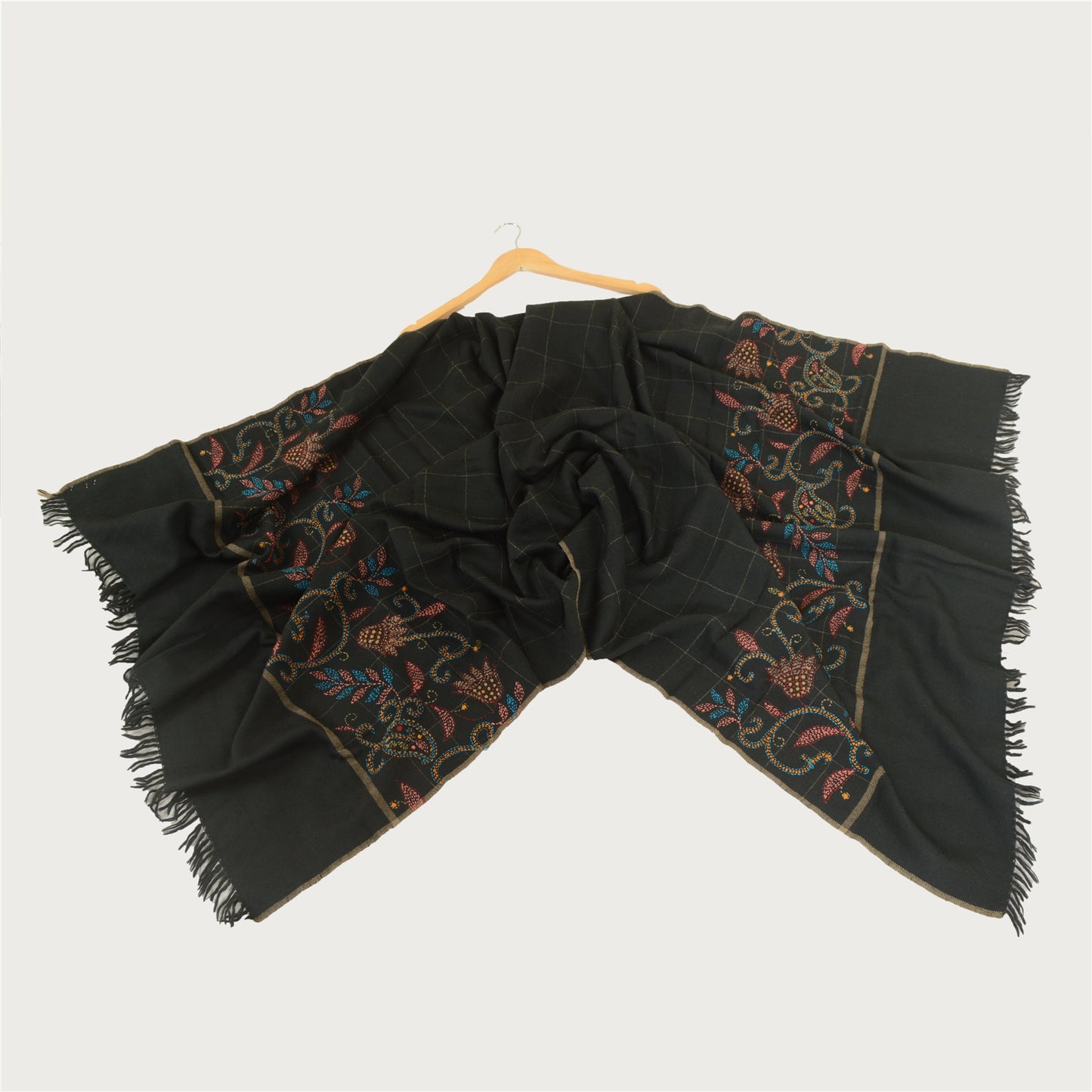 Sanskriti Vintage Black Pure Woollen Shawl Handmade Kantha Long Throw Stole