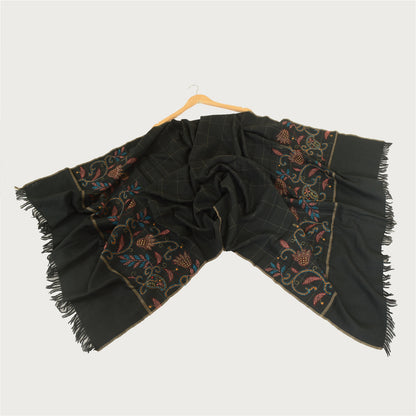 Sanskriti Vintage Black Pure Woollen Shawl Handmade Kantha Long Throw Stole