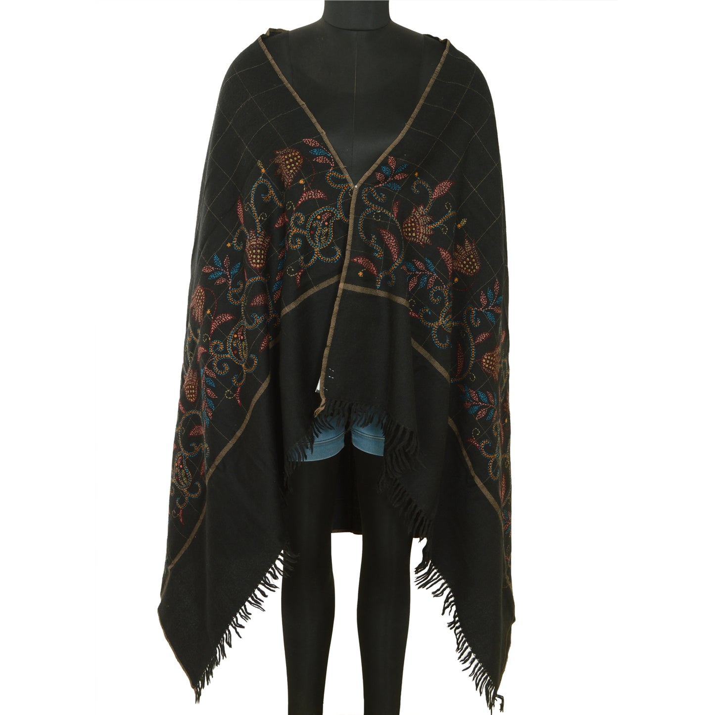 Sanskriti Vintage Black Pure Woollen Shawl Handmade Kantha Long Throw Stole