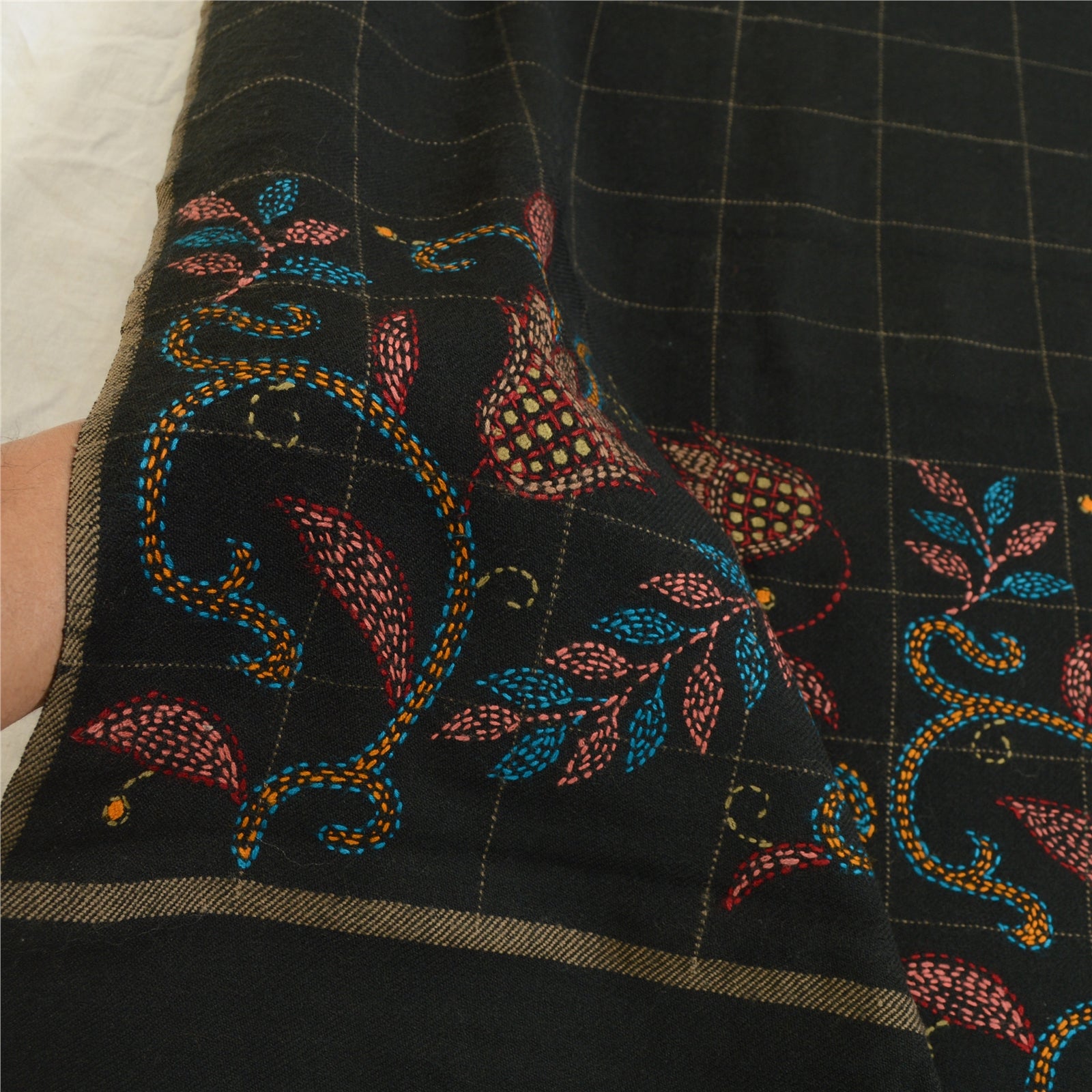 Sanskriti Vintage Black Pure Woollen Shawl Handmade Kantha Long Throw Stole