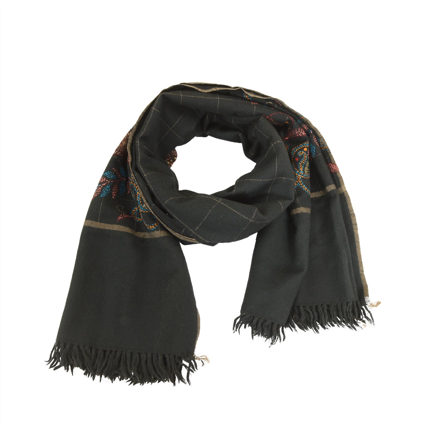 Sanskriti Vintage Black Pure Woollen Shawl Handmade Kantha Long Throw Stole