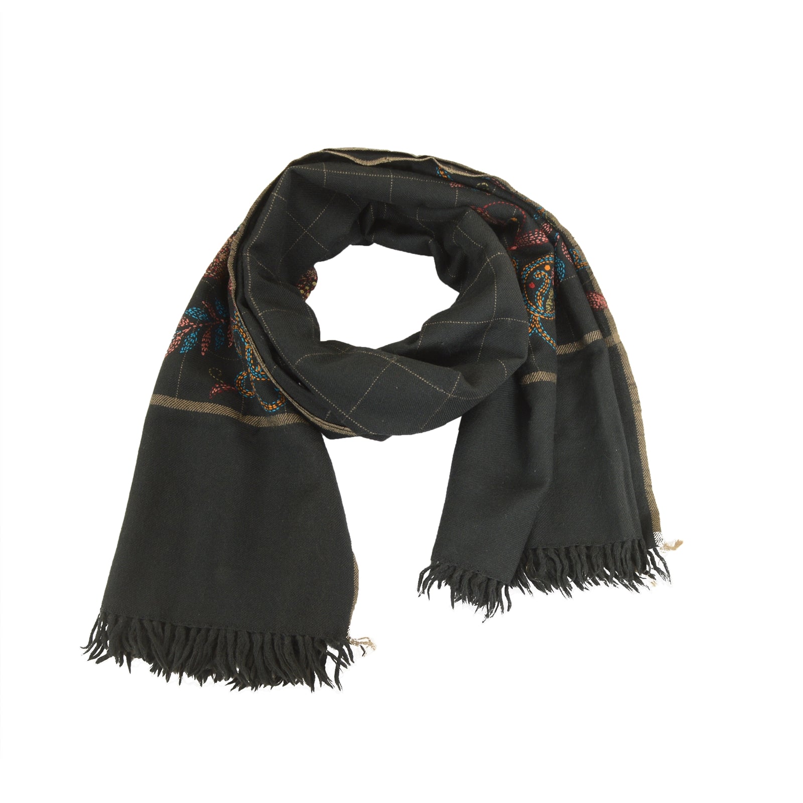 Sanskriti Vintage Black Pure Woollen Shawl Handmade Kantha Long Throw Stole